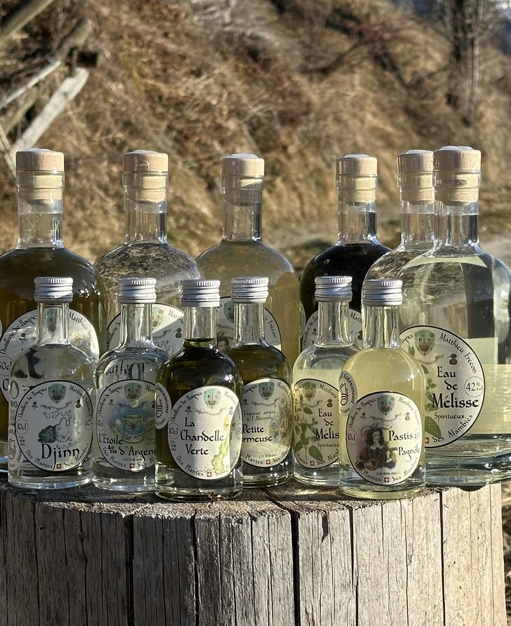 Les douze bouteilles de spiritueux de la Distillerie de Bagnes, en 50 cl et 10 cl, sur une souche dans le Val de Bagnes